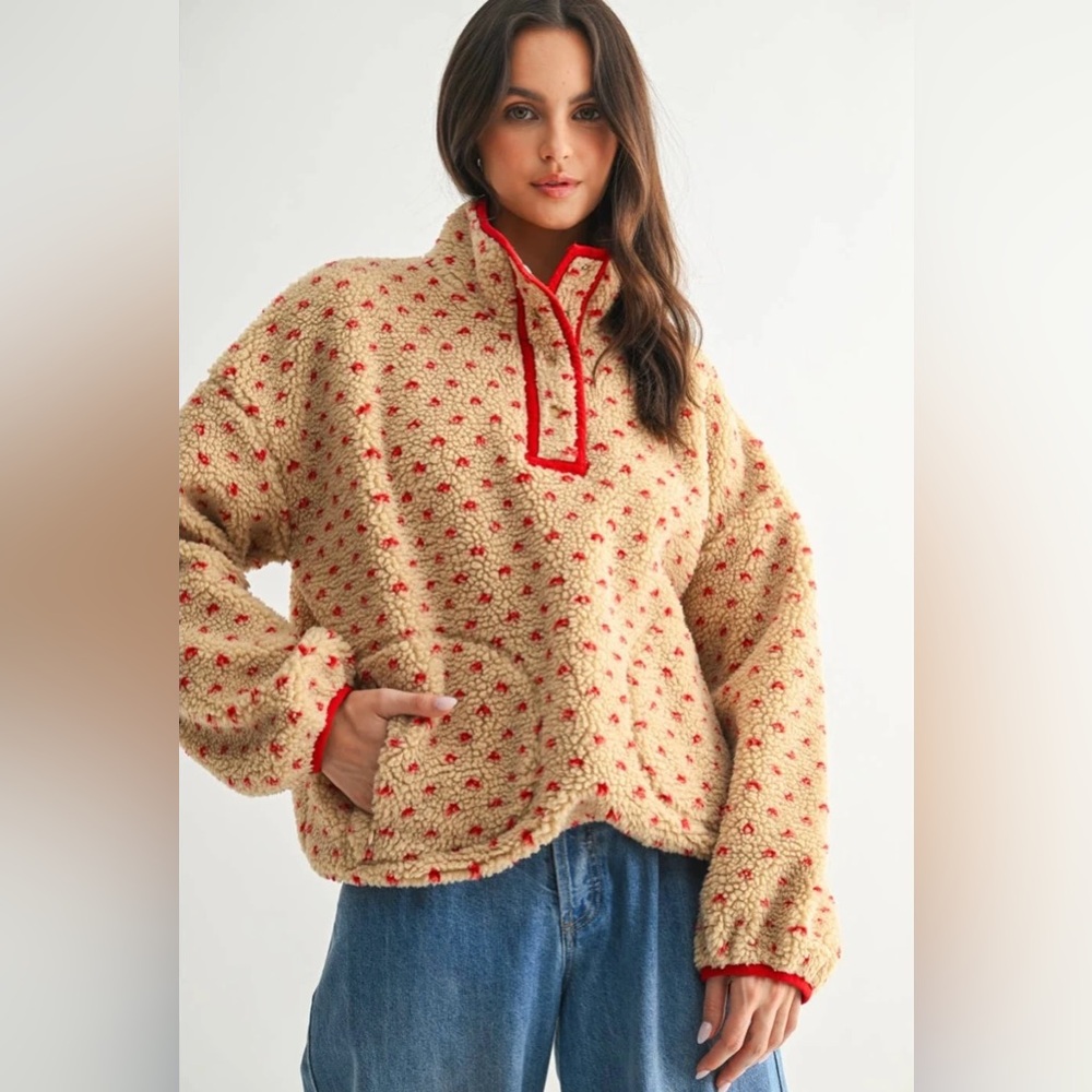THE GREAT. LOOKALIKE Cream and Red Fleece Jacket